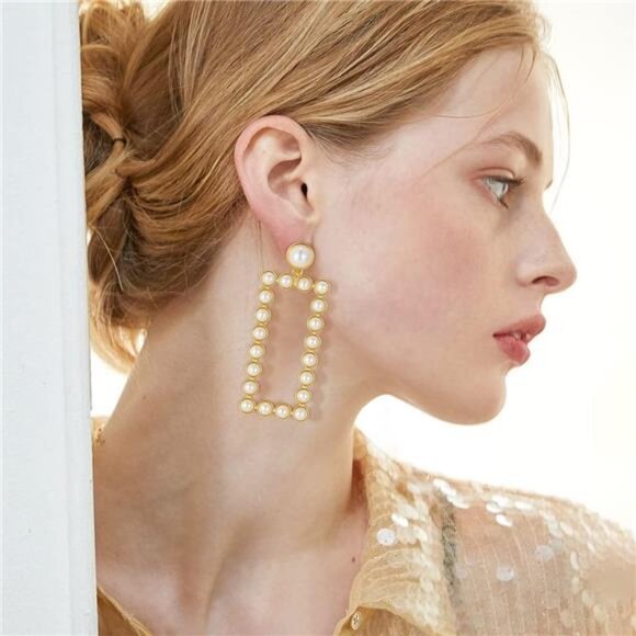 14K Gold Geometric Pearl Earrings | Chunky Modern Drop Earrings - Picture 3 of 6